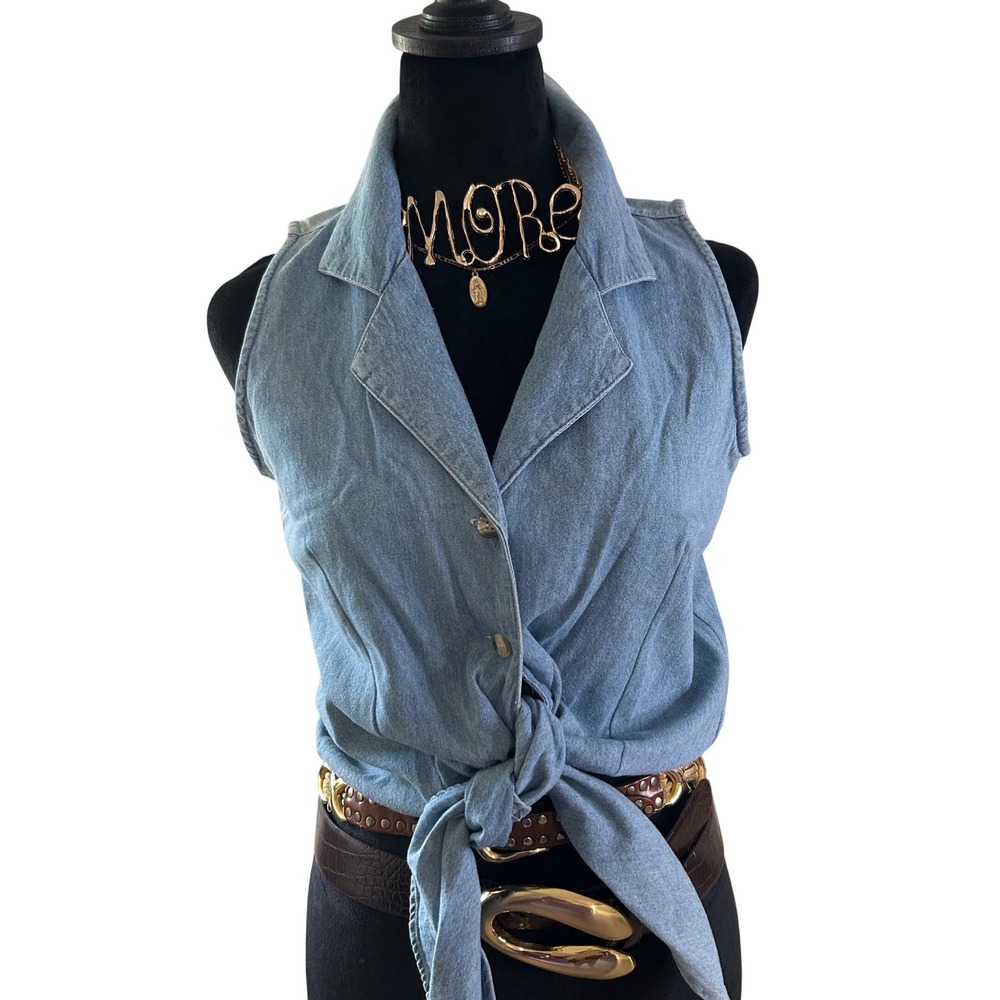 NY Line Denim Tie Front Top Wmn M Light Blue Sleeveless Vintage boho western 90s